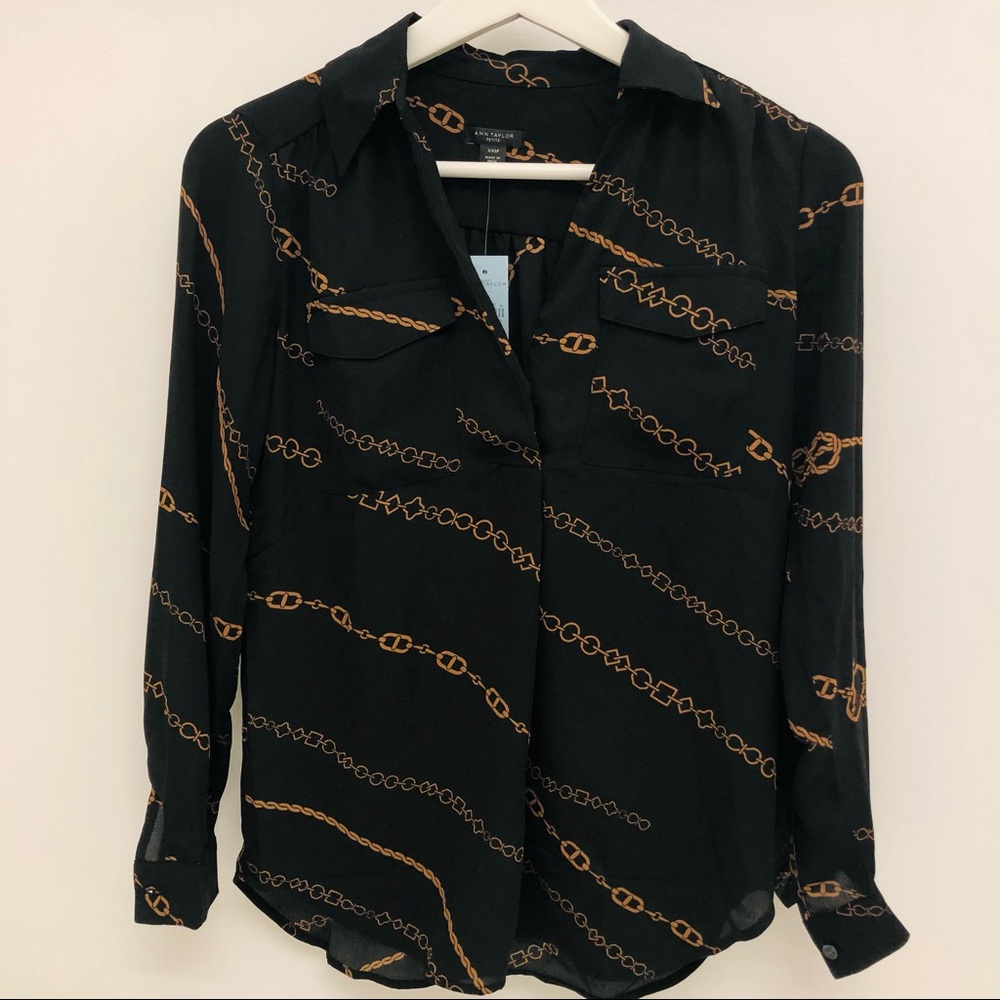 NWT Ann Taylor Black Blouse Gold Chain Print